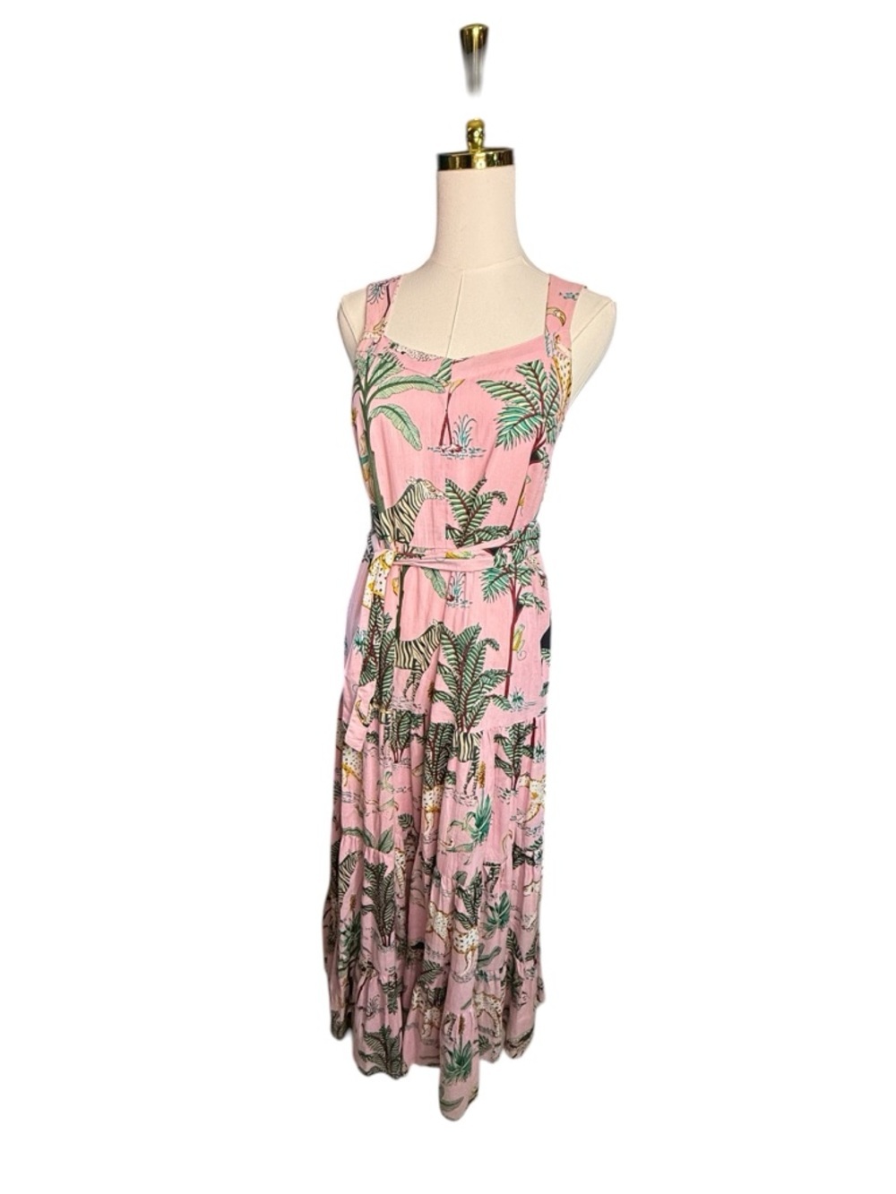 Beau & Ro Sarah Maxi Dress in Pink Jungle Print Size S Leopard Toucans Palms